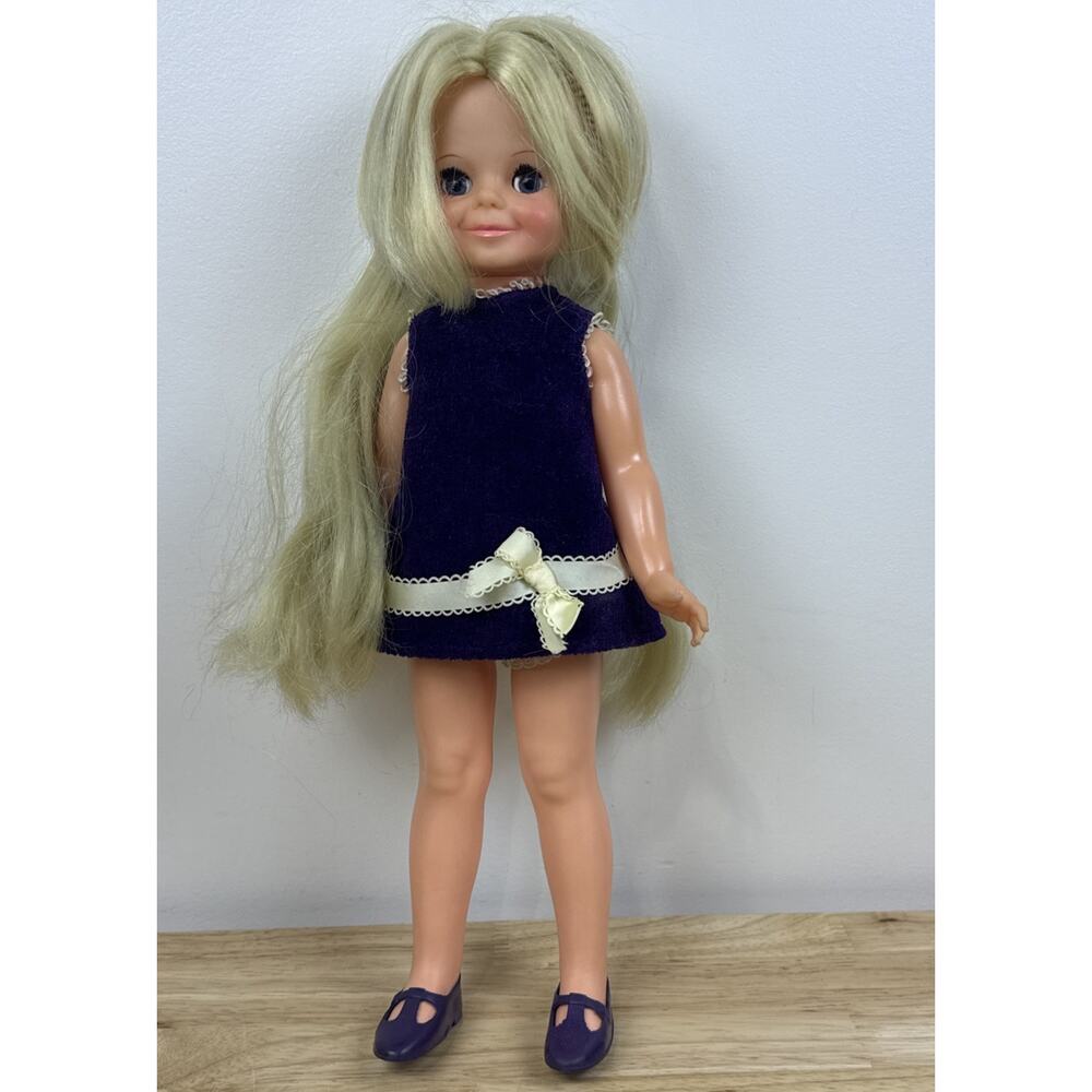 Vtg 1970 Velvet Doll 15" Crissy's Cousin Hair Grows Ideal Toy Purple Dress Box